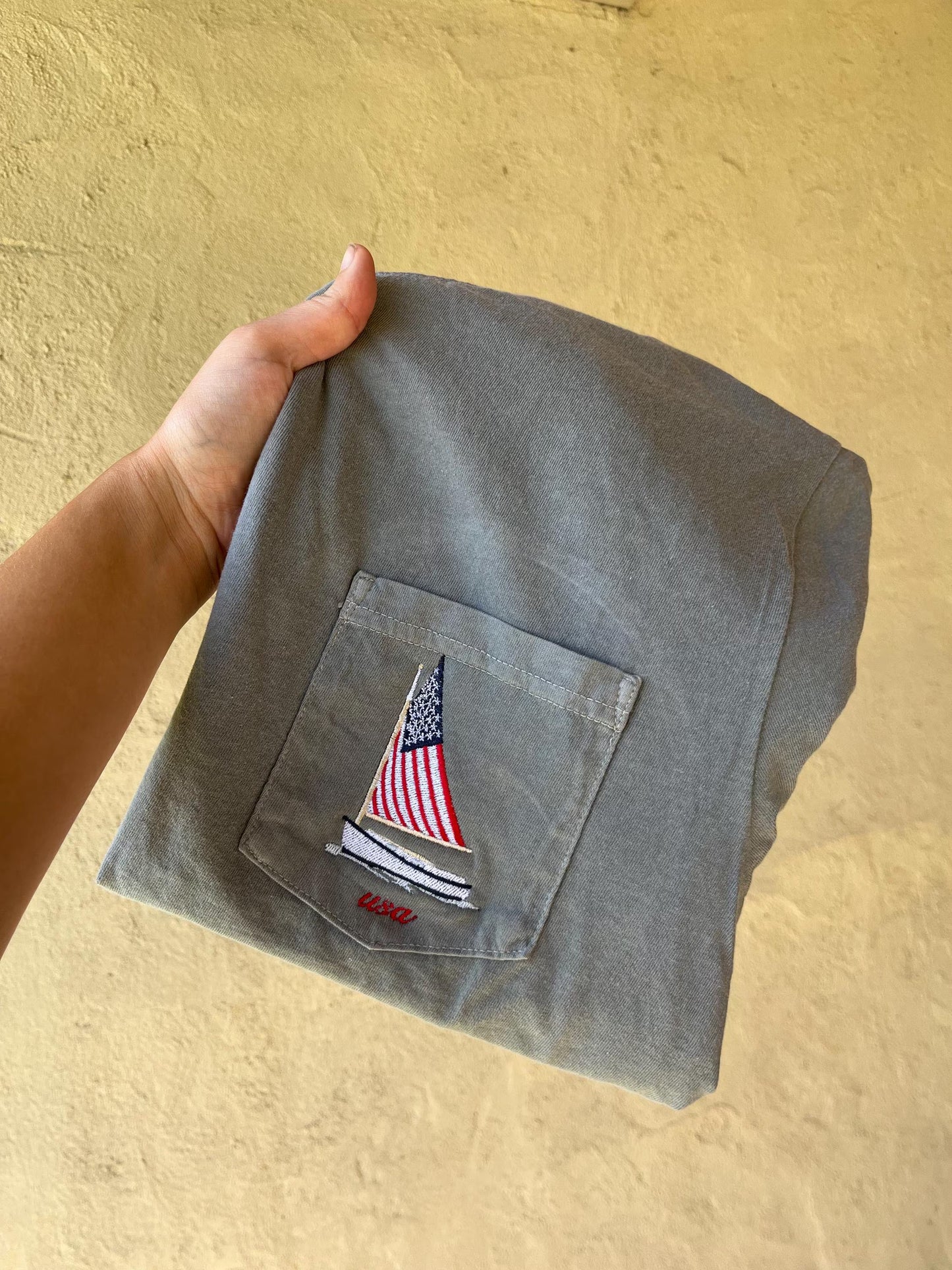 America Comfort Colors Tee, USA Shirt, 4th Of July T-Shirt, Sailboat Embroidered Tee, Embroidered Shirt, Custom Shirt, Summer Shirt