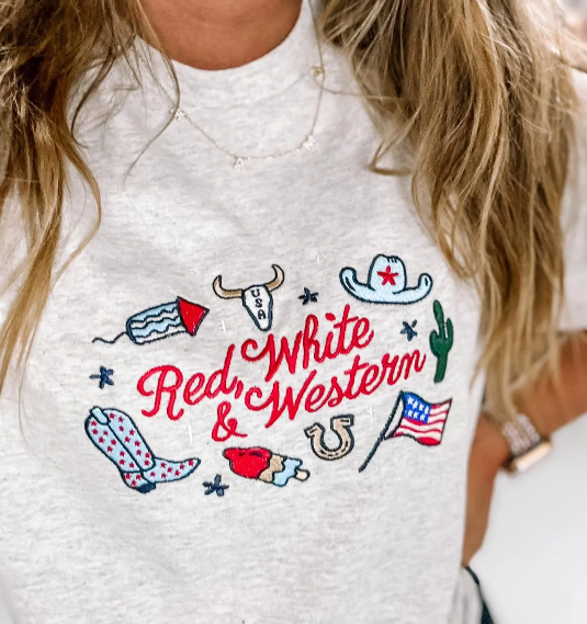 Red, White & Western Embroidered Shirt – Patriotic Cowgirl Tee for 4th of July