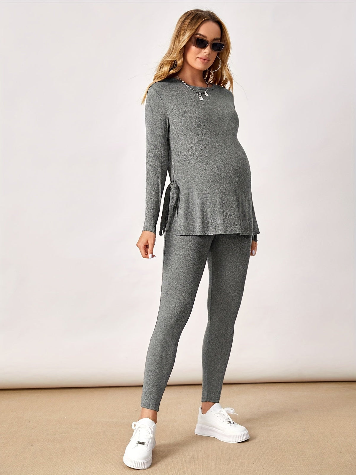 Women's Maternity Sportswear Set - Long-Sleeve Top & Maternity Pants, Stretchy 95% Polyester/5% Elastane, Machine Washable, Casual Activewear for Spring/Fall