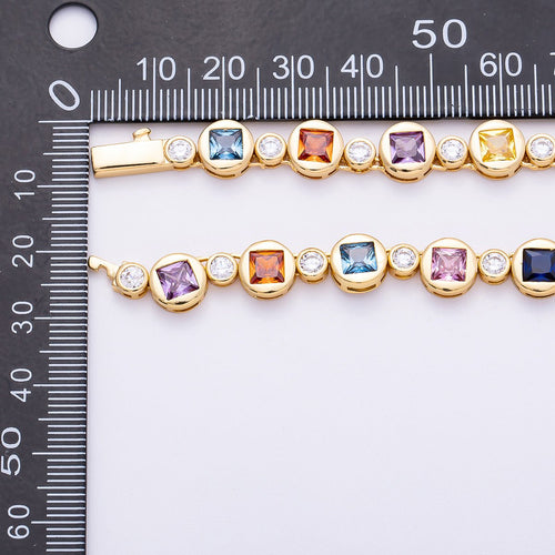 16K Gold Filled 8mm Multicolor CZ Round Square Tennis Chain 17 Inch Necklace | WA-04287