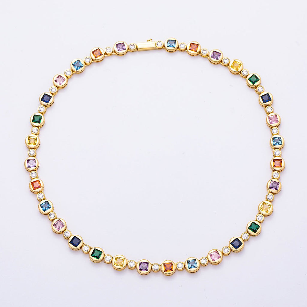 16K Gold Filled 8mm Multicolor CZ Round Square Tennis Chain 17 Inch Necklace | WA-04287