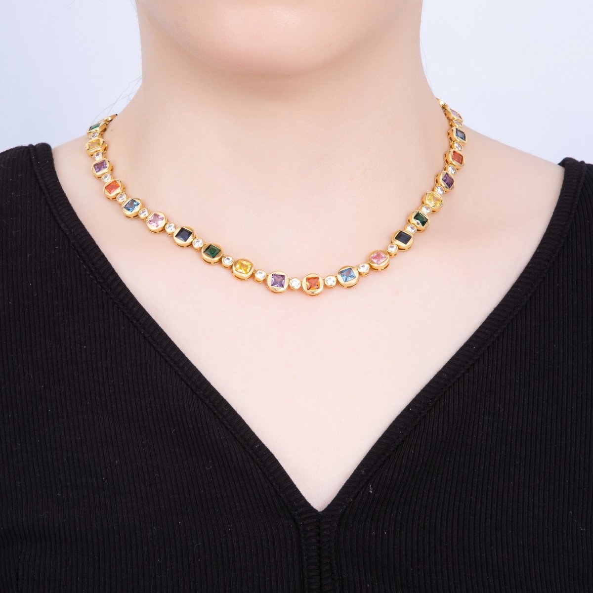 16K Gold Filled 8mm Multicolor CZ Round Square Tennis Chain 17 Inch Necklace | WA-04287