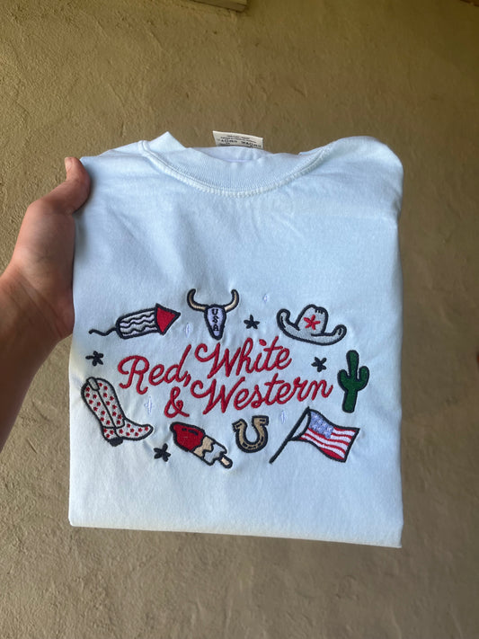 Red, White & Western Embroidered Shirt – Patriotic Cowgirl Tee for 4th of July