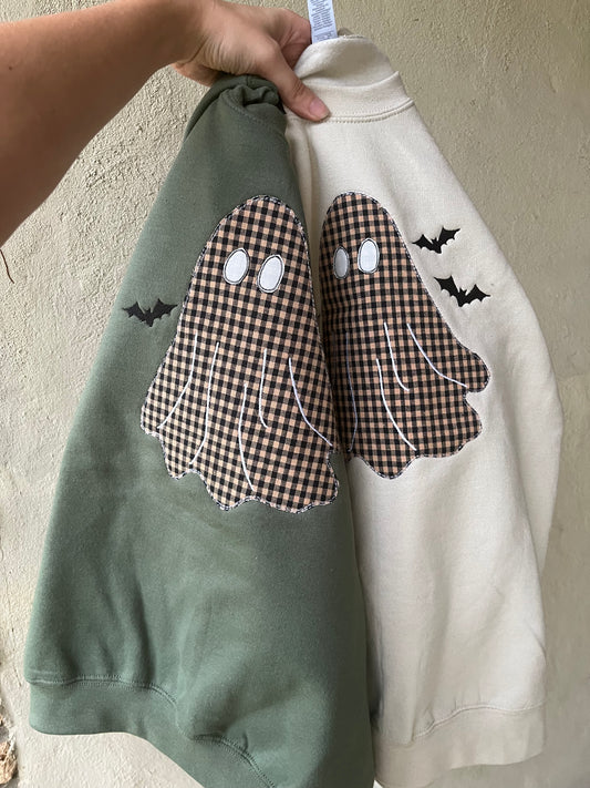 Neutral Halloween sweatshirt with plaid ghost appliqué and bats