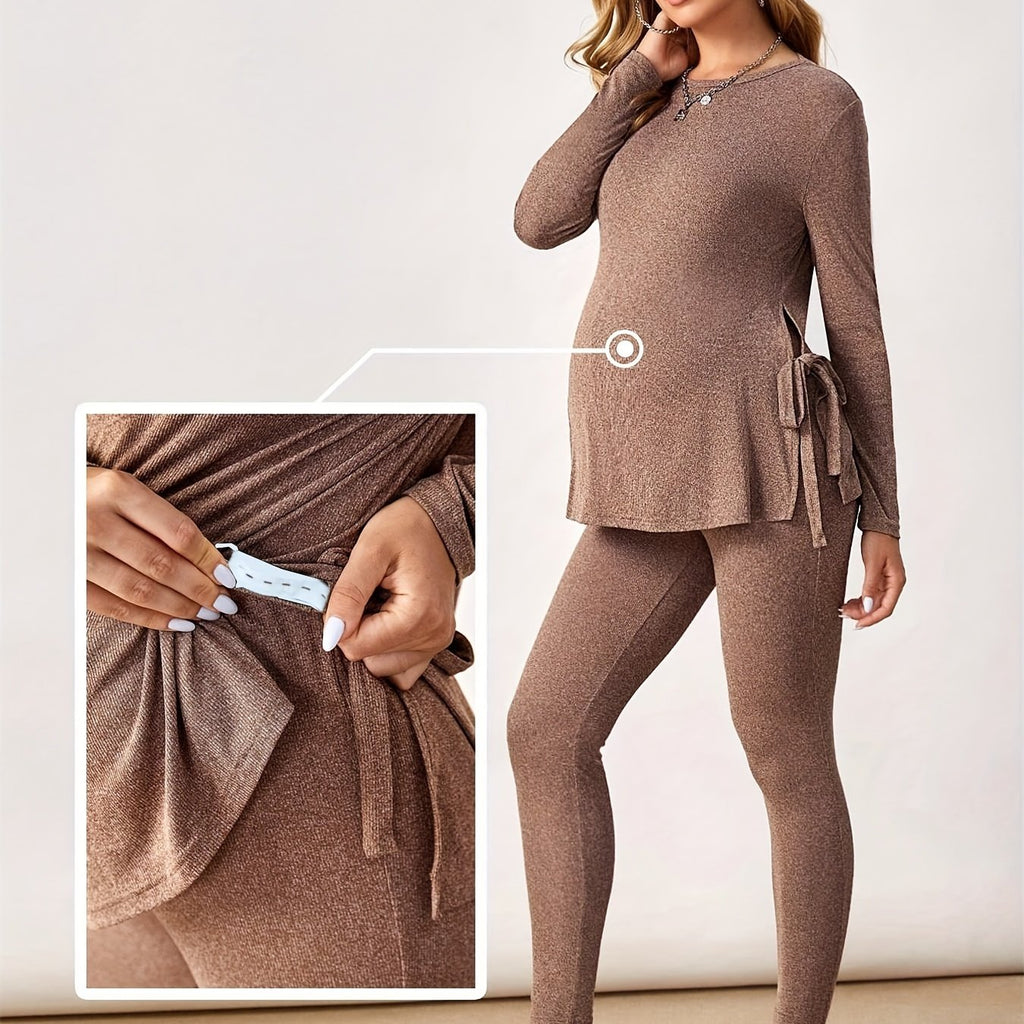 Women's Maternity Sportswear Set - Long-Sleeve Top & Maternity Pants, Stretchy 95% Polyester/5% Elastane, Machine Washable, Casual Activewear for Spring/Fall