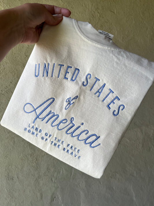 USA Embroidered T-Shirt – Patriotic “United States of America” Tee | Fourth of July Shirt | Land of the Free