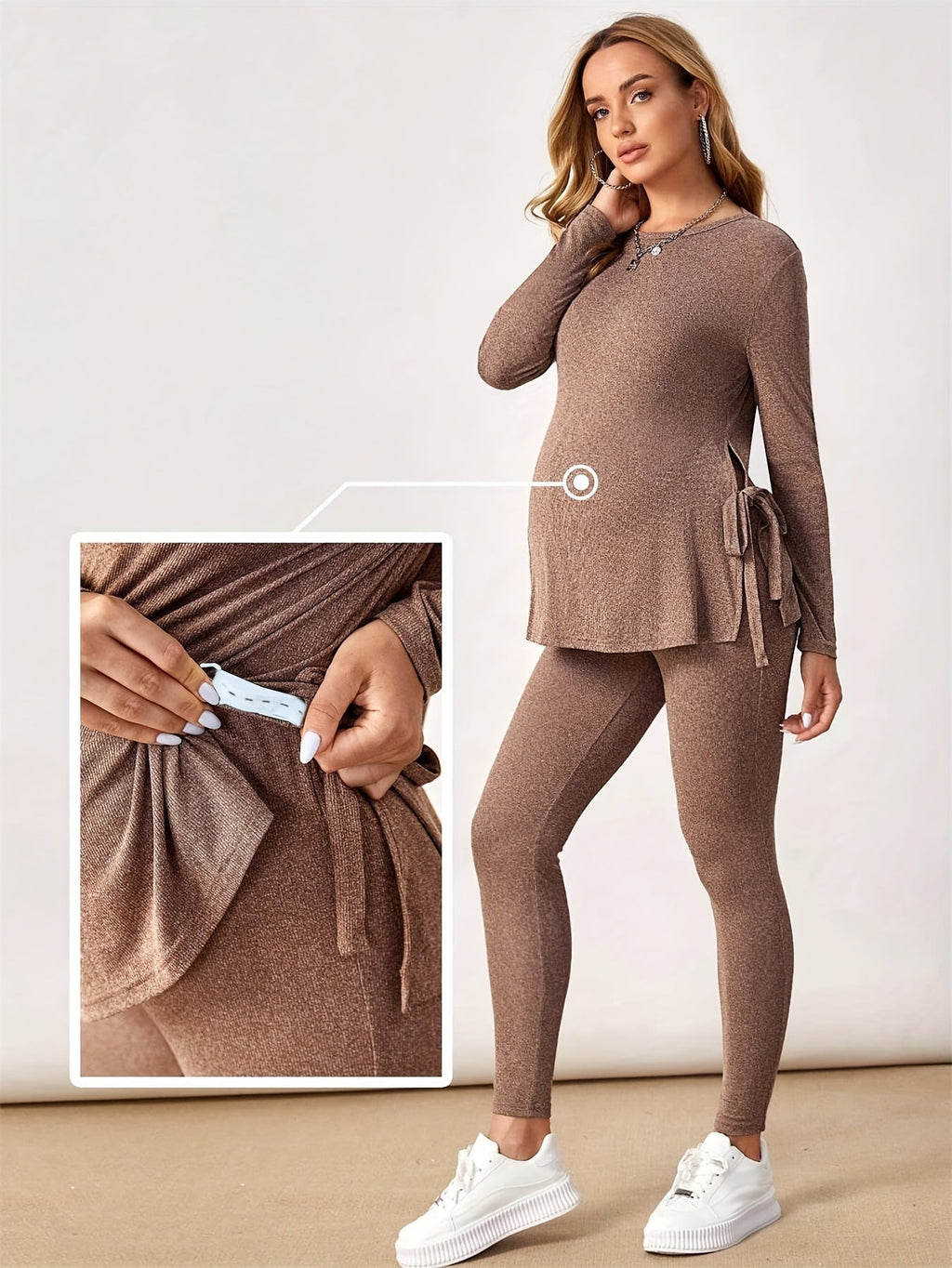 Women's Maternity Sportswear Set - Long-Sleeve Top & Maternity Pants, Stretchy 95% Polyester/5% Elastane, Machine Washable, Casual Activewear for Spring/Fall