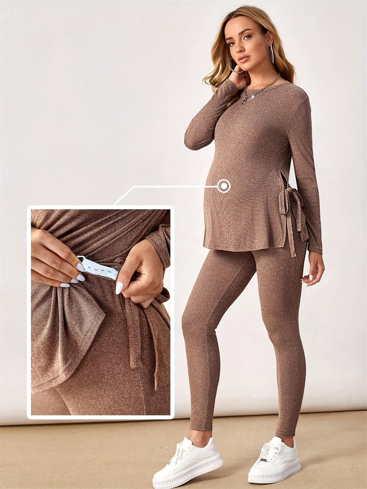 Women's Maternity Sportswear Set - Long-Sleeve Top & Maternity Pants, Stretchy 95% Polyester/5% Elastane, Machine Washable, Casual Activewear for Spring/Fall