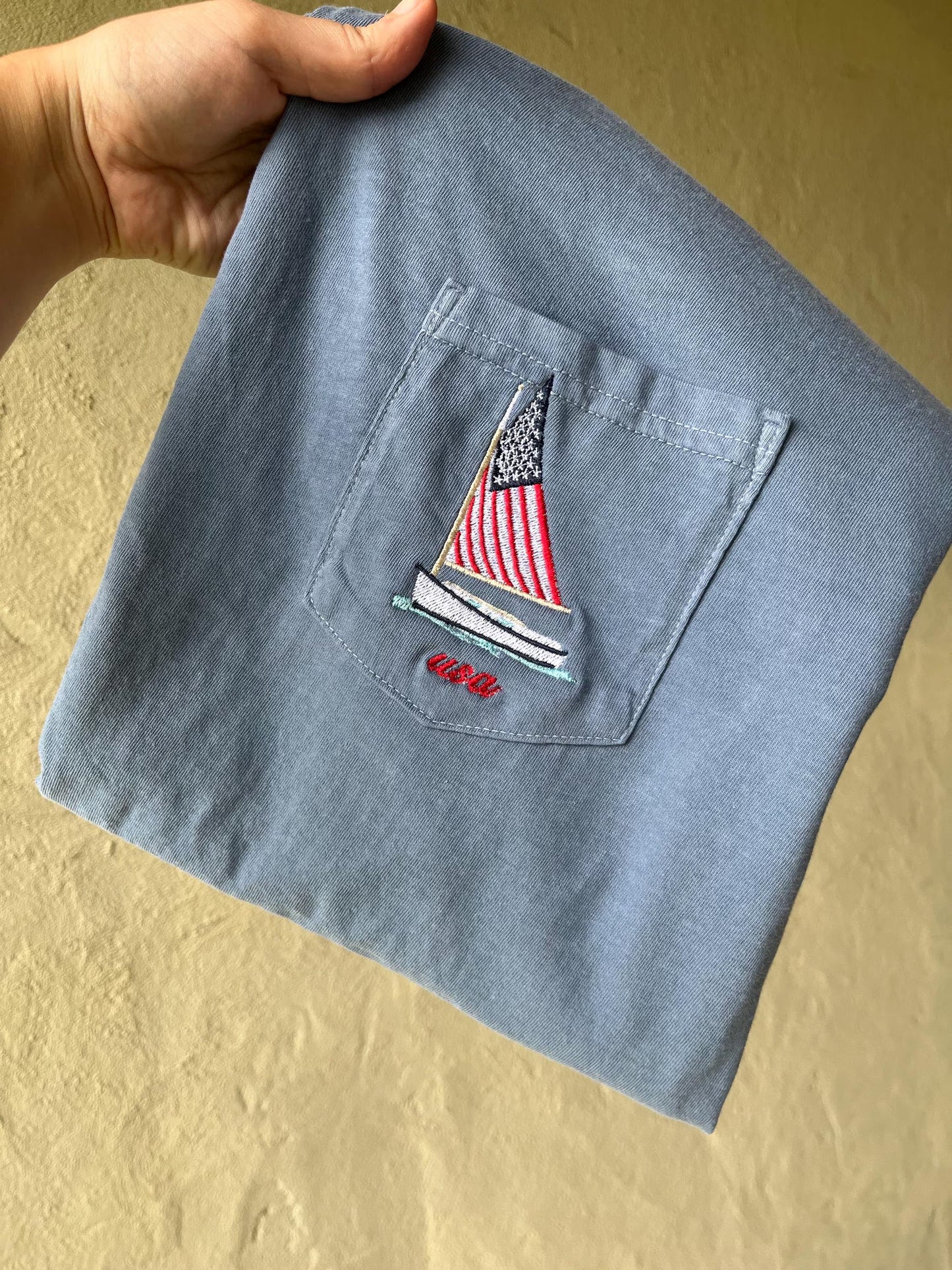 America Comfort Colors Tee, USA Shirt, 4th Of July T-Shirt, Sailboat Embroidered Tee, Embroidered Shirt, Custom Shirt, Summer Shirt
