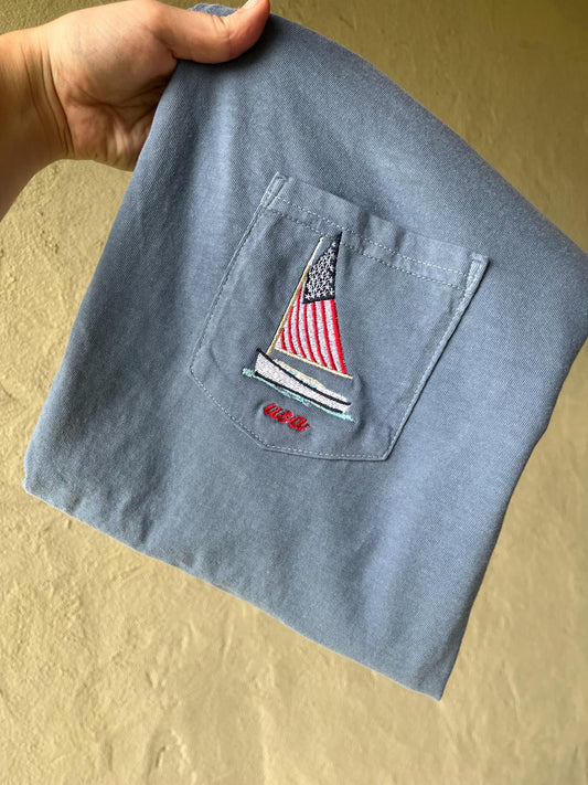 America Comfort Colors Tee, USA Shirt, 4th Of July T-Shirt, Sailboat Embroidered Tee, Embroidered Shirt, Custom Shirt, Summer Shirt