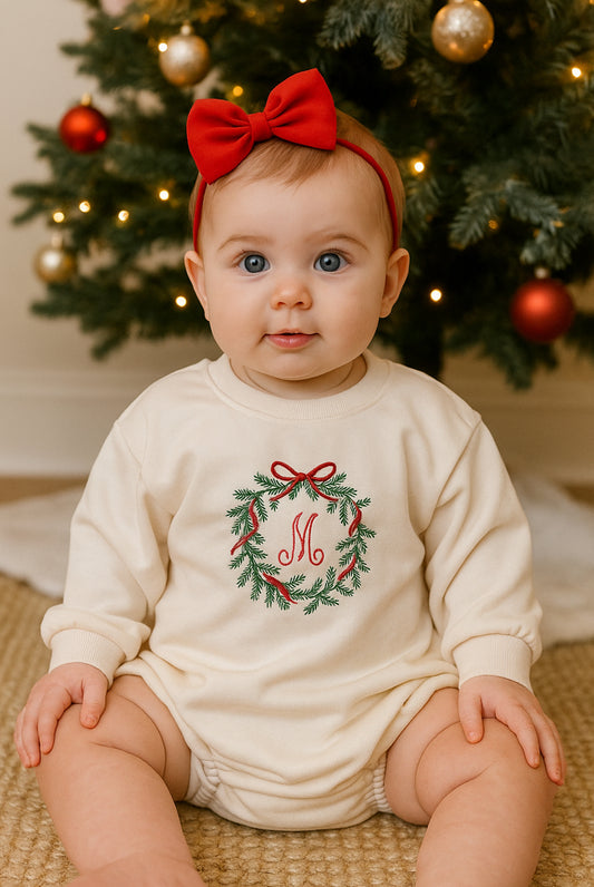 Embroidered Christmas Wreath Romper