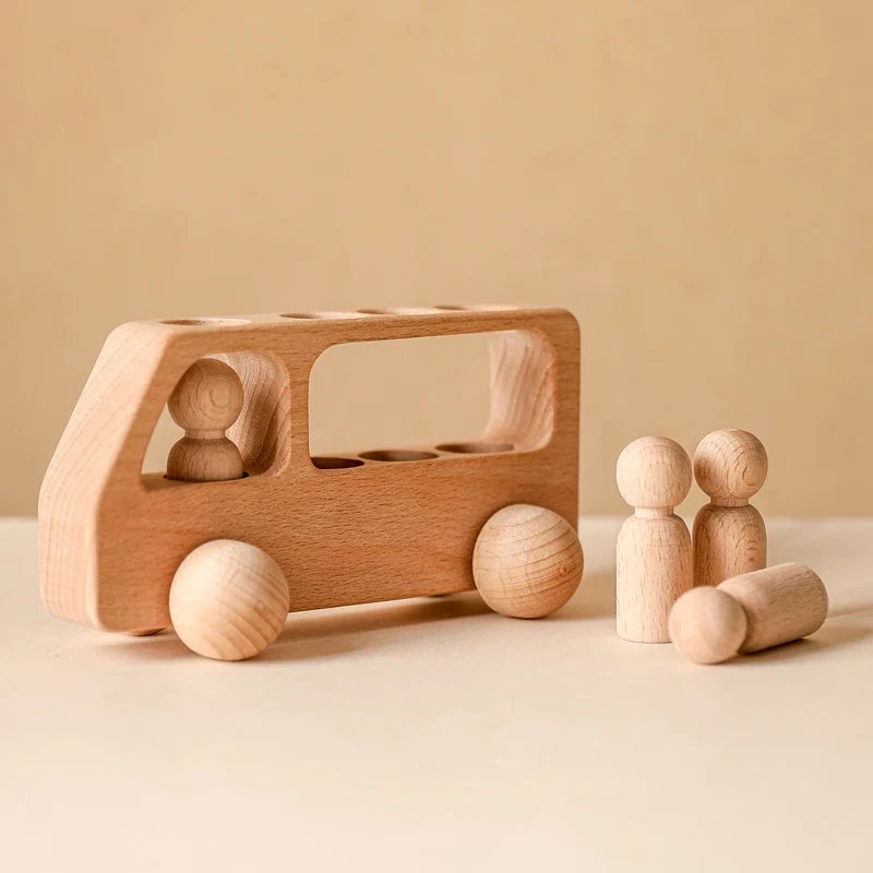 Wooden Car Toy – Beech Wood Bus Blocks, Montessori Educational Game for Children, Teething Baby Birthday Gift