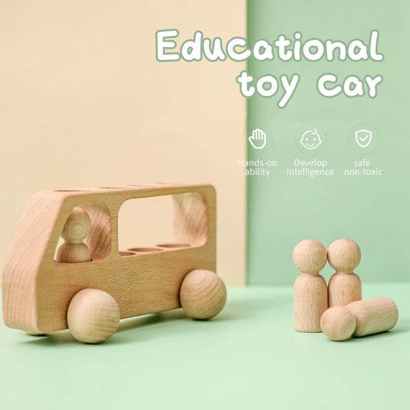 Wooden Car Toy – Beech Wood Bus Blocks, Montessori Educational Game for Children, Teething Baby Birthday Gift