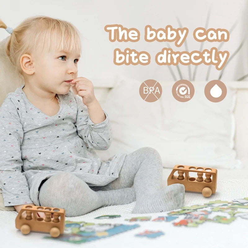 Wooden Car Toy – Beech Wood Bus Blocks, Montessori Educational Game for Children, Teething Baby Birthday Gift