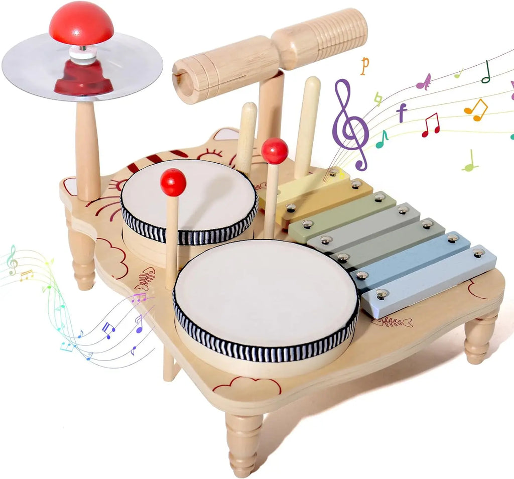 Wooden Xylophone Drum Set for Toddlers – Montessori Baby Musical Instruments, Drum Set Percussion Toys, Ideal for Early Learning and Development.