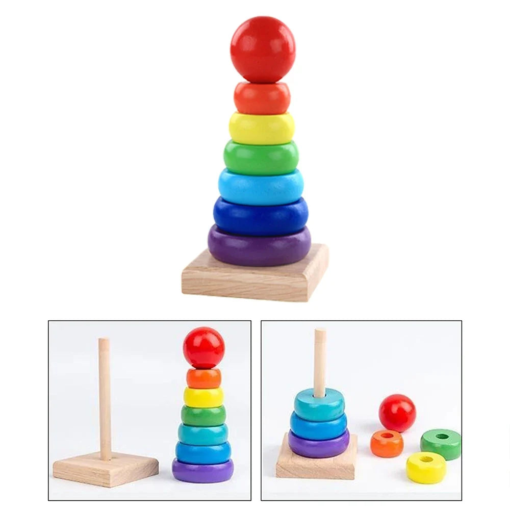 Baby Wooden Rainbow Stacking Ring Tower – Montessori Puzzle Toy, Educational Color and Shape Geometric Game for Kids