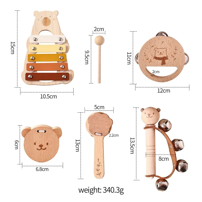 Kids Wooden Montessori Toys Musical Instruments Set – Includes Rattle, Bell, Drum, and Xylophone Percussion for Baby, Early Educational Instruments Toy