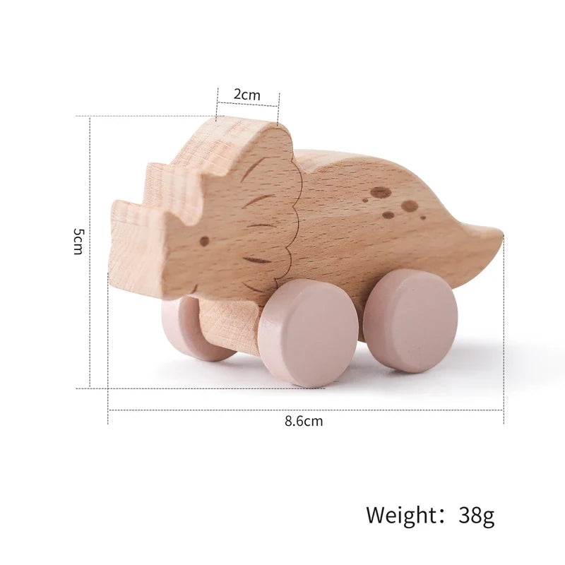 1PC Baby Beech Wood Dinosaur Car – Cartoon Educational Montessori Toy, Teething Play Gym, Baby Birthday Gift