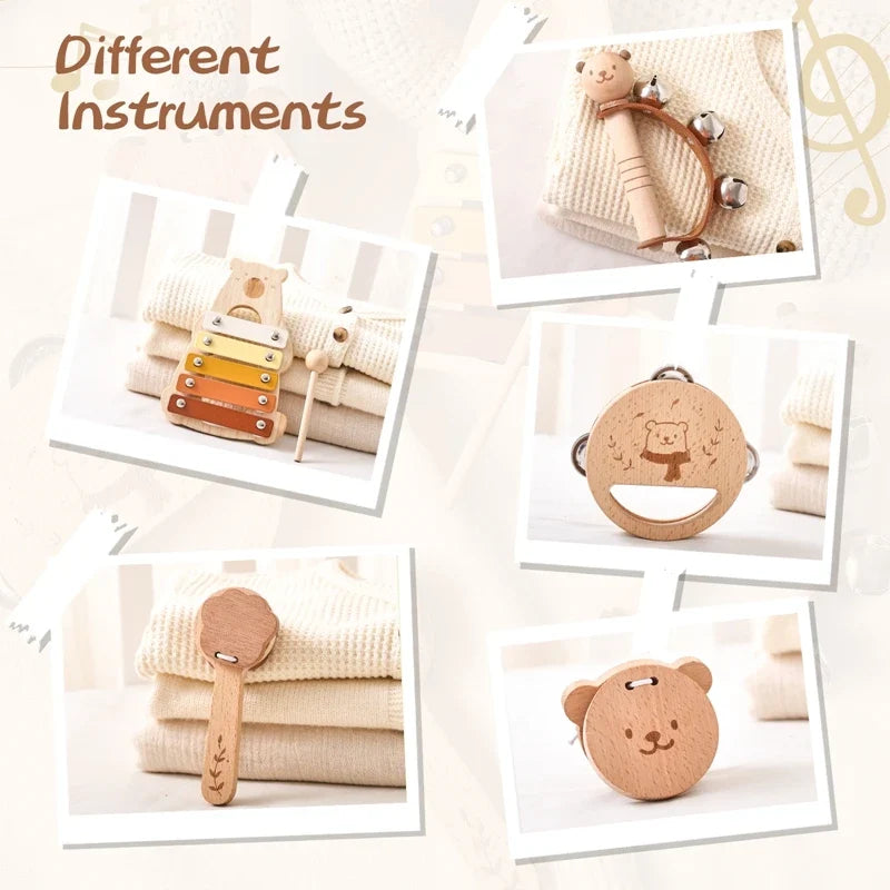 Kids Wooden Montessori Toys Musical Instruments Set – Includes Rattle, Bell, Drum, and Xylophone Percussion for Baby, Early Educational Instruments Toy