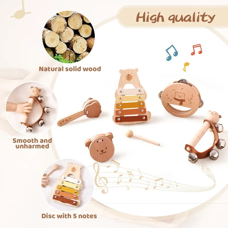 Kids Wooden Montessori Toys Musical Instruments Set – Includes Rattle, Bell, Drum, and Xylophone Percussion for Baby, Early Educational Instruments Toy