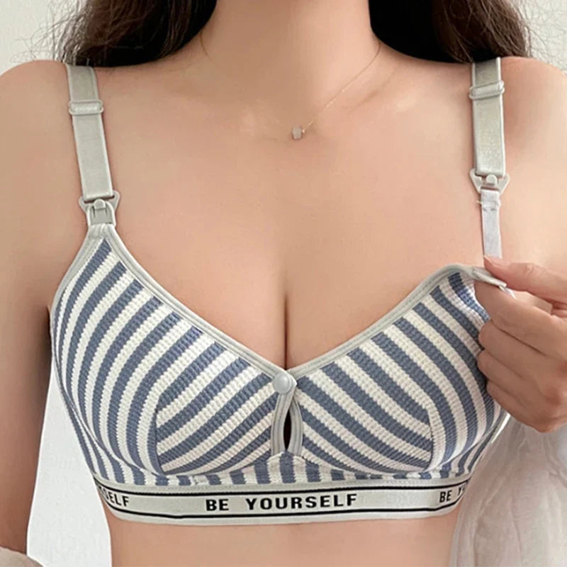 New Lightweight Breathable Maternity Breastfeeding Bra Made of Pure Cotton Gathered Anti Sagging Letter Stripe Women's Underwear