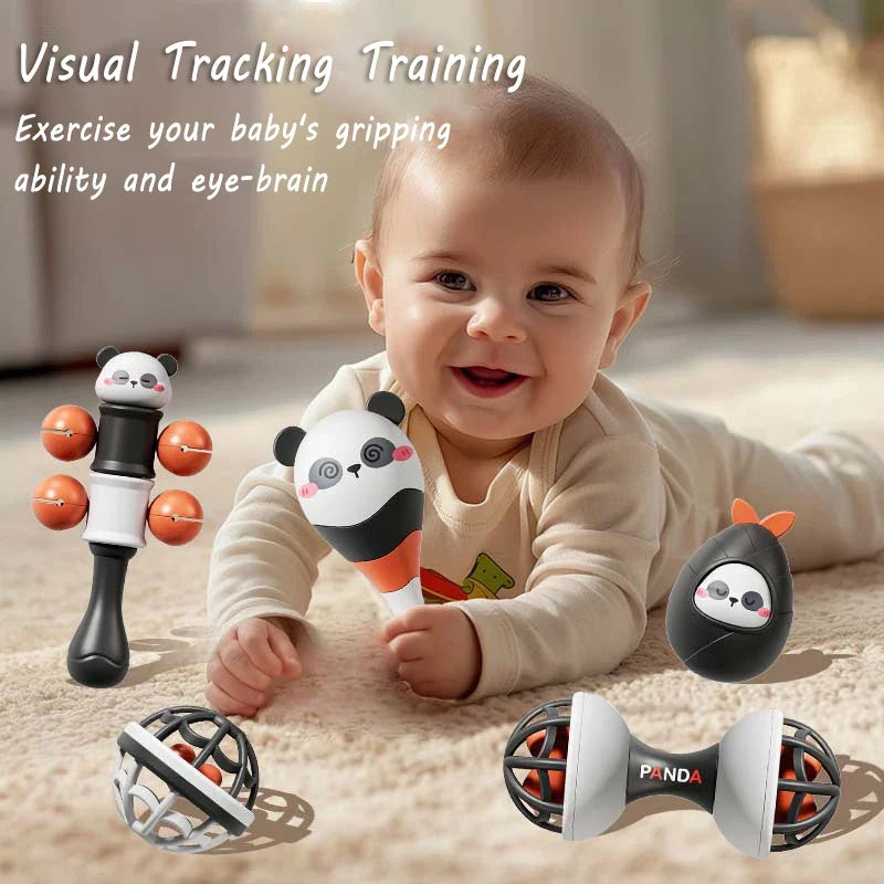 Montessori Baby Music Instrument Toy – Rattle Ball and Sand Hammer Set, Black & White Visual Stimulation Sensory Educational Toy