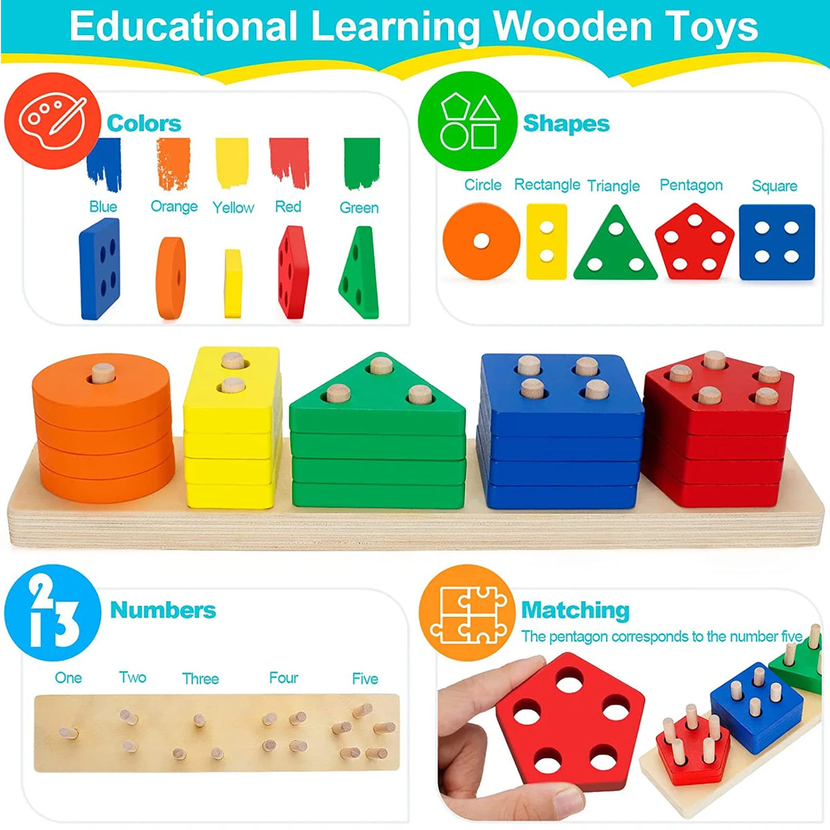 Baby Wooden Rainbow Stacking Ring Tower – Montessori Puzzle Toy, Educational Color and Shape Geometric Game for Kids