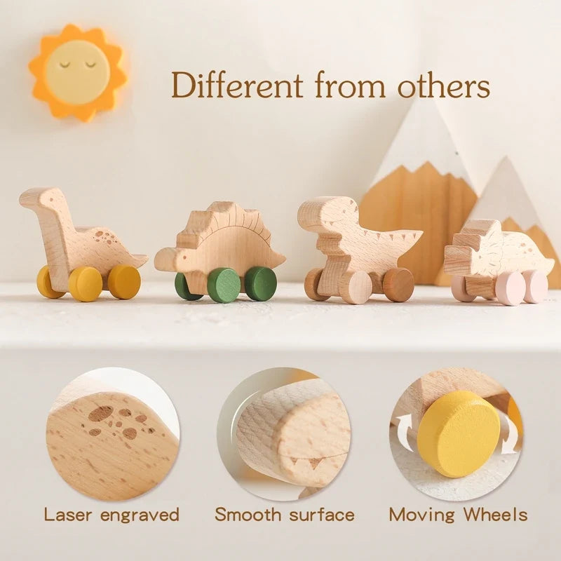 1PC Baby Beech Wood Dinosaur Car – Cartoon Educational Montessori Toy, Teething Play Gym, Baby Birthday Gift