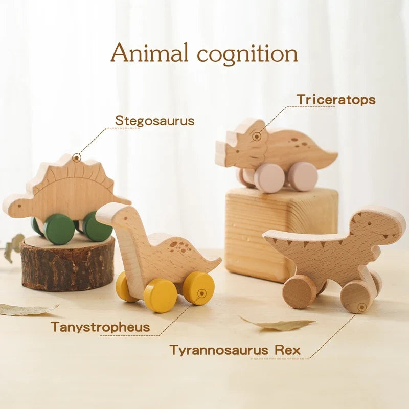 1PC Baby Beech Wood Dinosaur Car – Cartoon Educational Montessori Toy, Teething Play Gym, Baby Birthday Gift