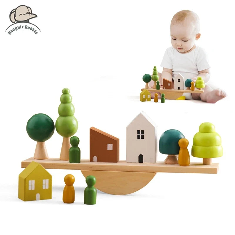 Montessori Wooden Stacking Toys for Baby - Forest House Blocks Sensory Educational Gift