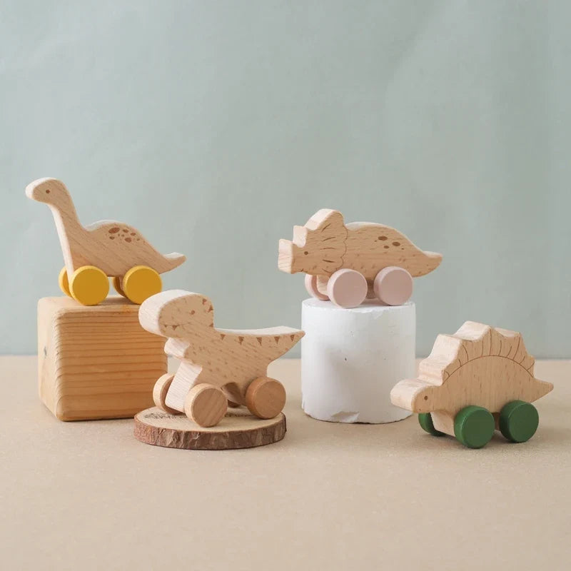 1PC Baby Beech Wood Dinosaur Car – Cartoon Educational Montessori Toy, Teething Play Gym, Baby Birthday Gift