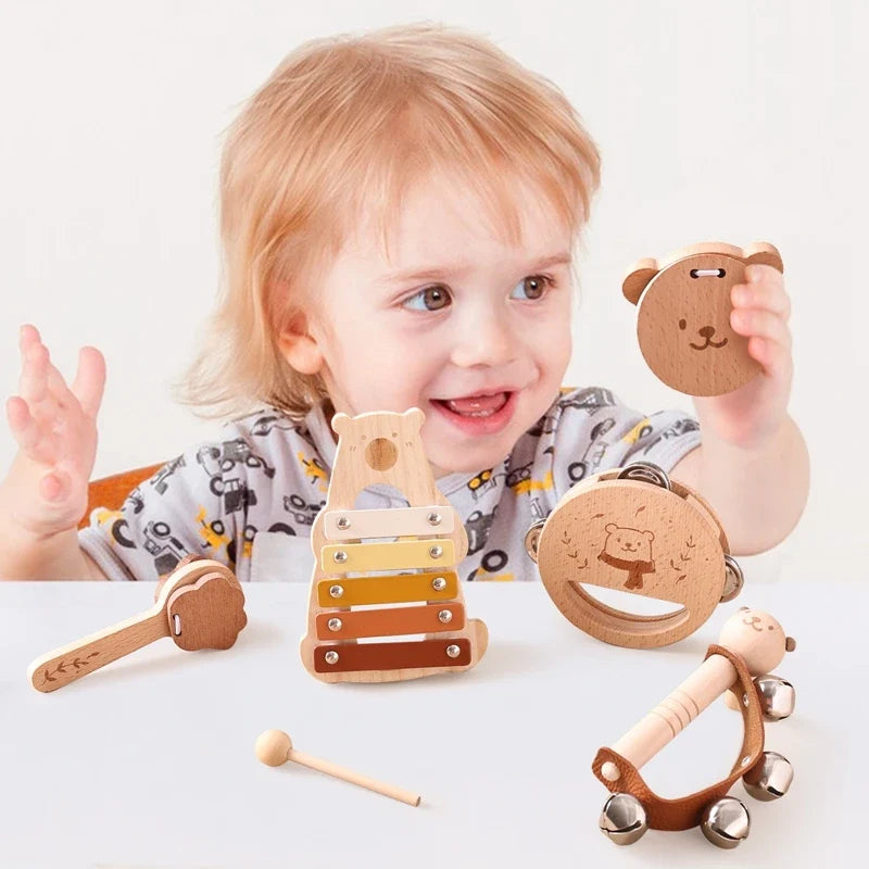 Kids Wooden Montessori Toys Musical Instruments Set – Includes Rattle, Bell, Drum, and Xylophone Percussion for Baby, Early Educational Instruments Toy