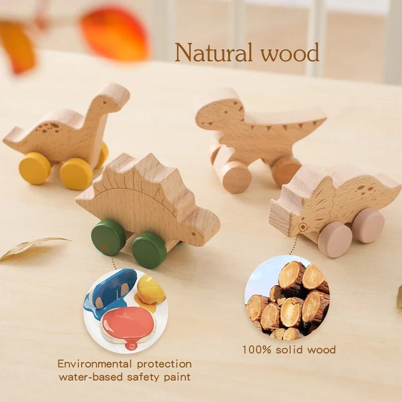 1PC Baby Beech Wood Dinosaur Car – Cartoon Educational Montessori Toy, Teething Play Gym, Baby Birthday Gift