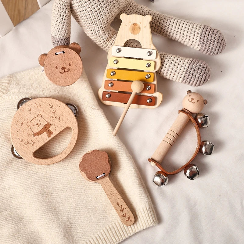 Kids Wooden Montessori Toys Musical Instruments Set – Includes Rattle, Bell, Drum, and Xylophone Percussion for Baby, Early Educational Instruments Toy