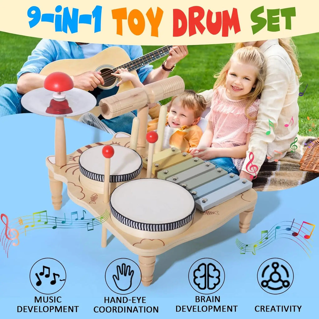 Wooden Xylophone Drum Set for Toddlers – Montessori Baby Musical Instruments, Drum Set Percussion Toys, Ideal for Early Learning and Development.
