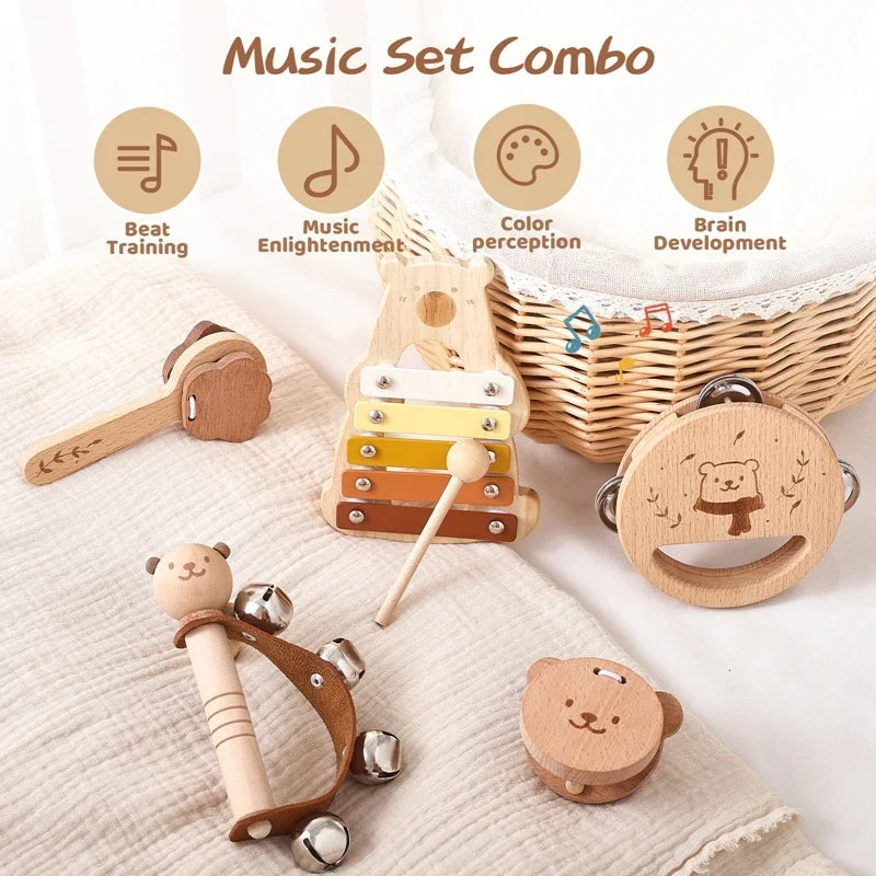 Kids Wooden Montessori Toys Musical Instruments Set – Includes Rattle, Bell, Drum, and Xylophone Percussion for Baby, Early Educational Instruments Toy