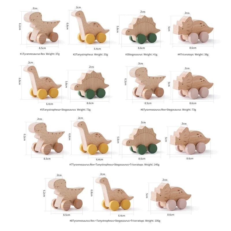 1PC Baby Beech Wood Dinosaur Car – Cartoon Educational Montessori Toy, Teething Play Gym, Baby Birthday Gift