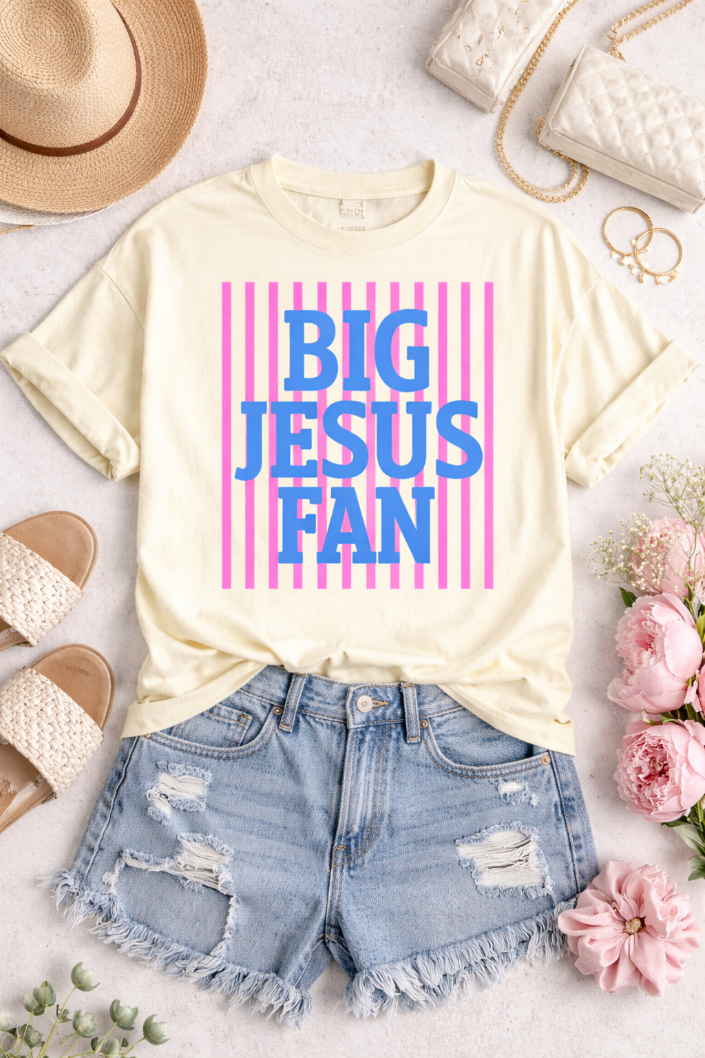 Big Jesus Fan T-Shirt — Retro Stripes Christian Tee