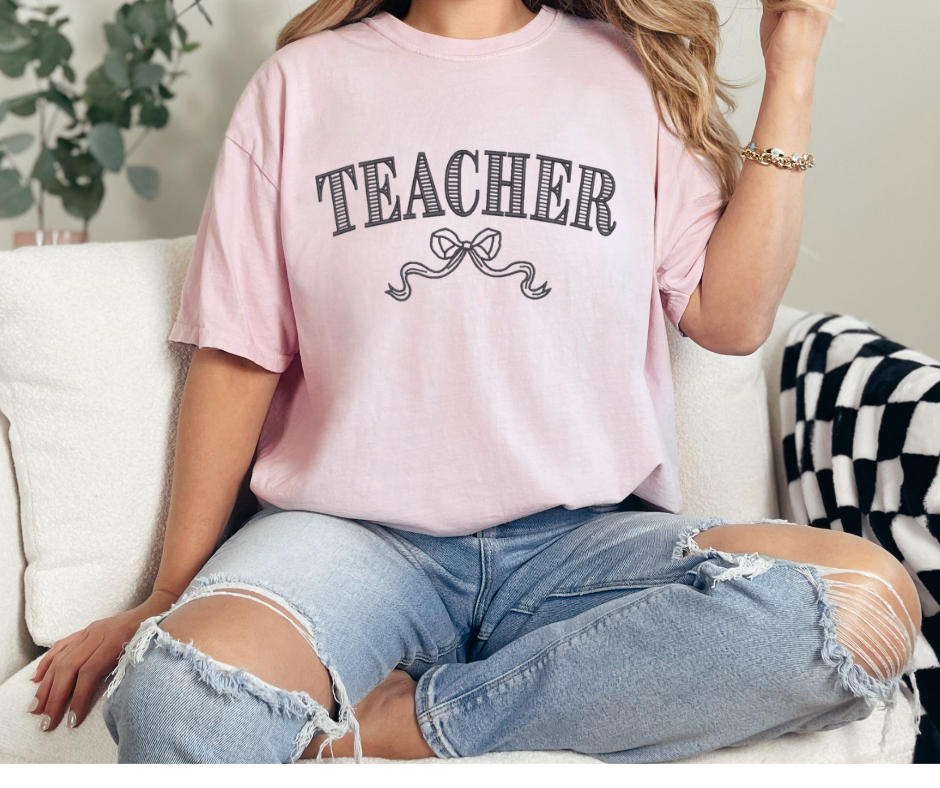 Embroidered Teacher Shirt with Bow – Soft Ivory Tee