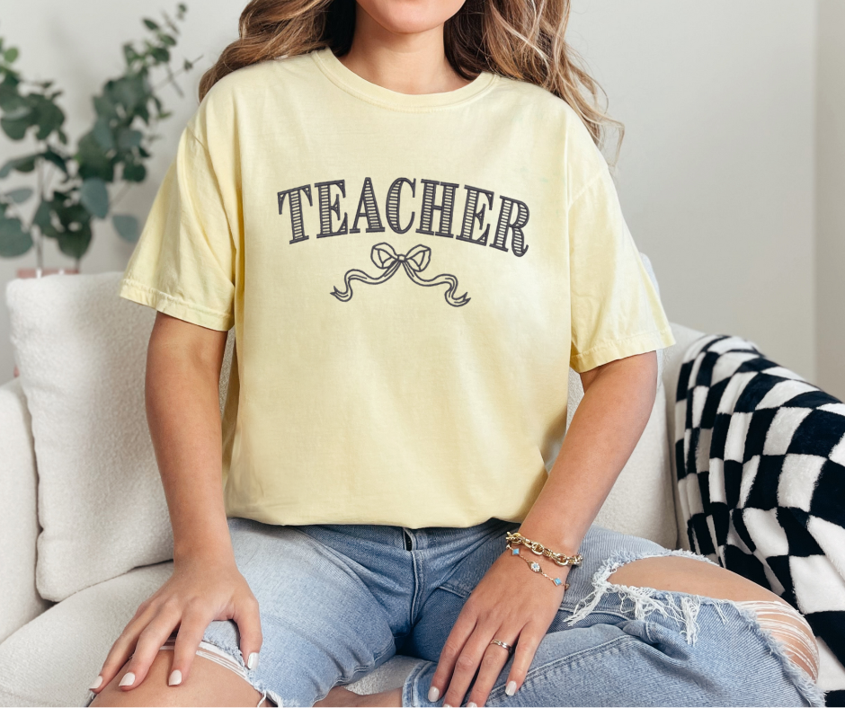 Embroidered Teacher Shirt with Bow – Soft Ivory Tee