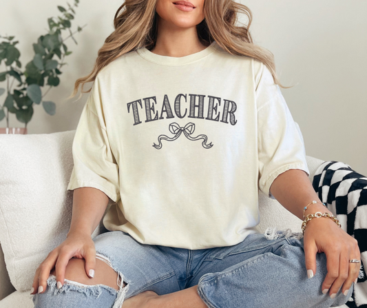 Embroidered Teacher Shirt with Bow – Soft Ivory Tee