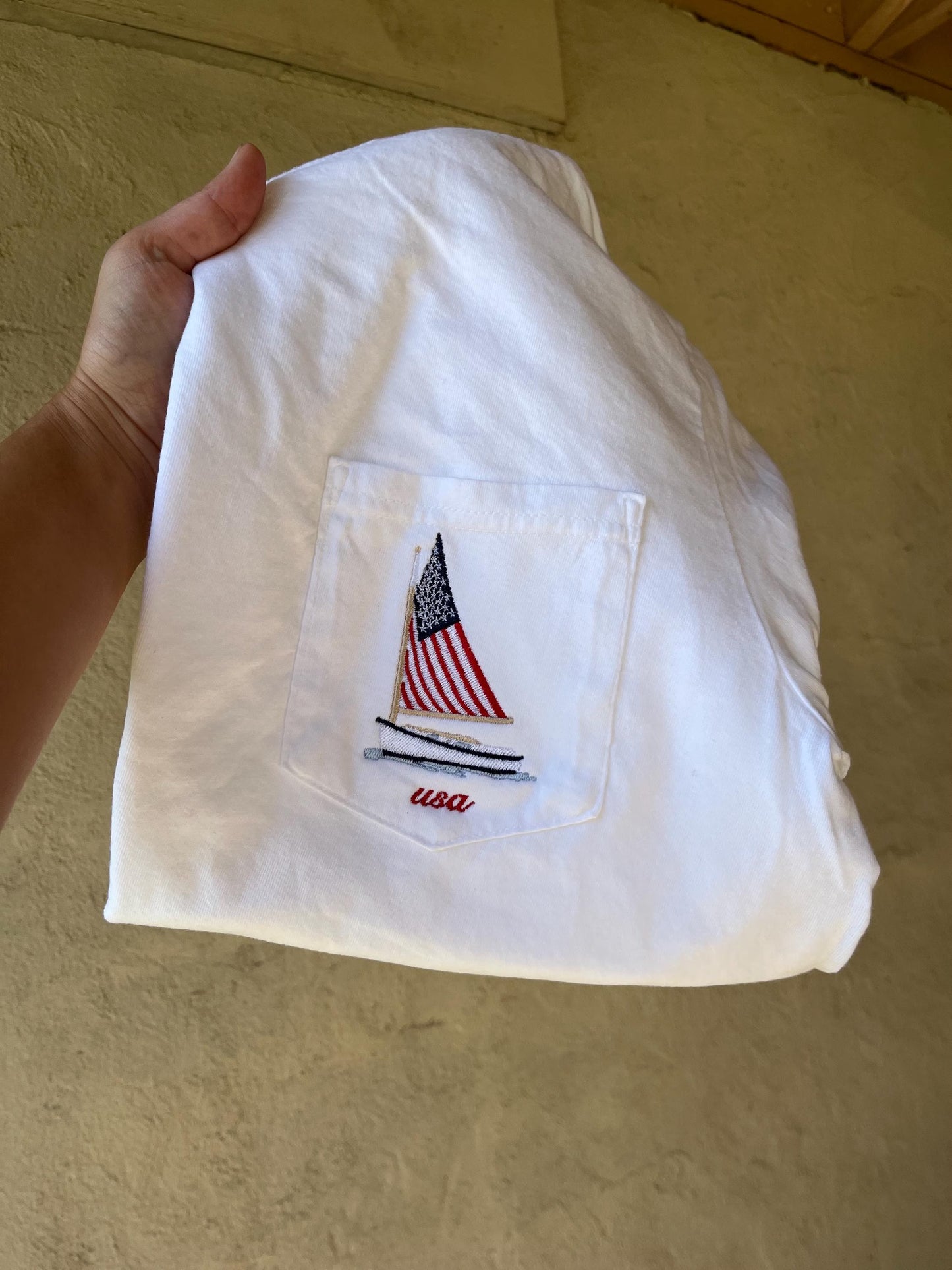 America Comfort Colors Tee, USA Shirt, 4th Of July T-Shirt, Sailboat Embroidered Tee, Embroidered Shirt, Custom Shirt, Summer Shirt