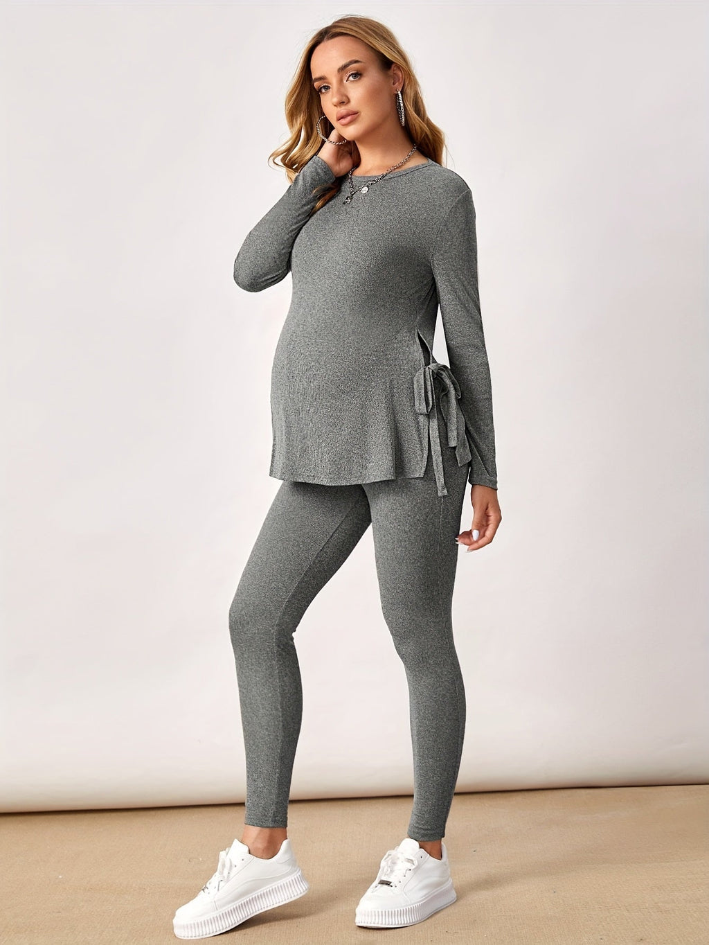 Women's Maternity Sportswear Set - Long-Sleeve Top & Maternity Pants, Stretchy 95% Polyester/5% Elastane, Machine Washable, Casual Activewear for Spring/Fall