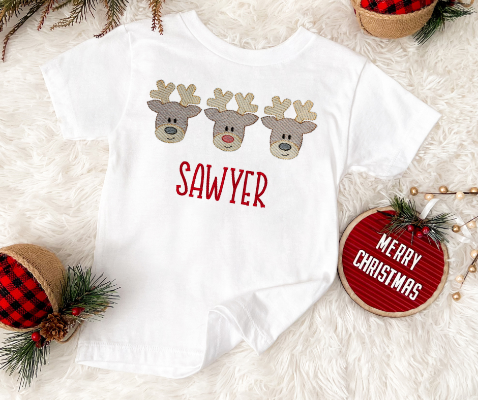Personalized Reindeer Christmas Shirt for Toddlers | Embroidered Holiday Shirt | Custom Name Tee