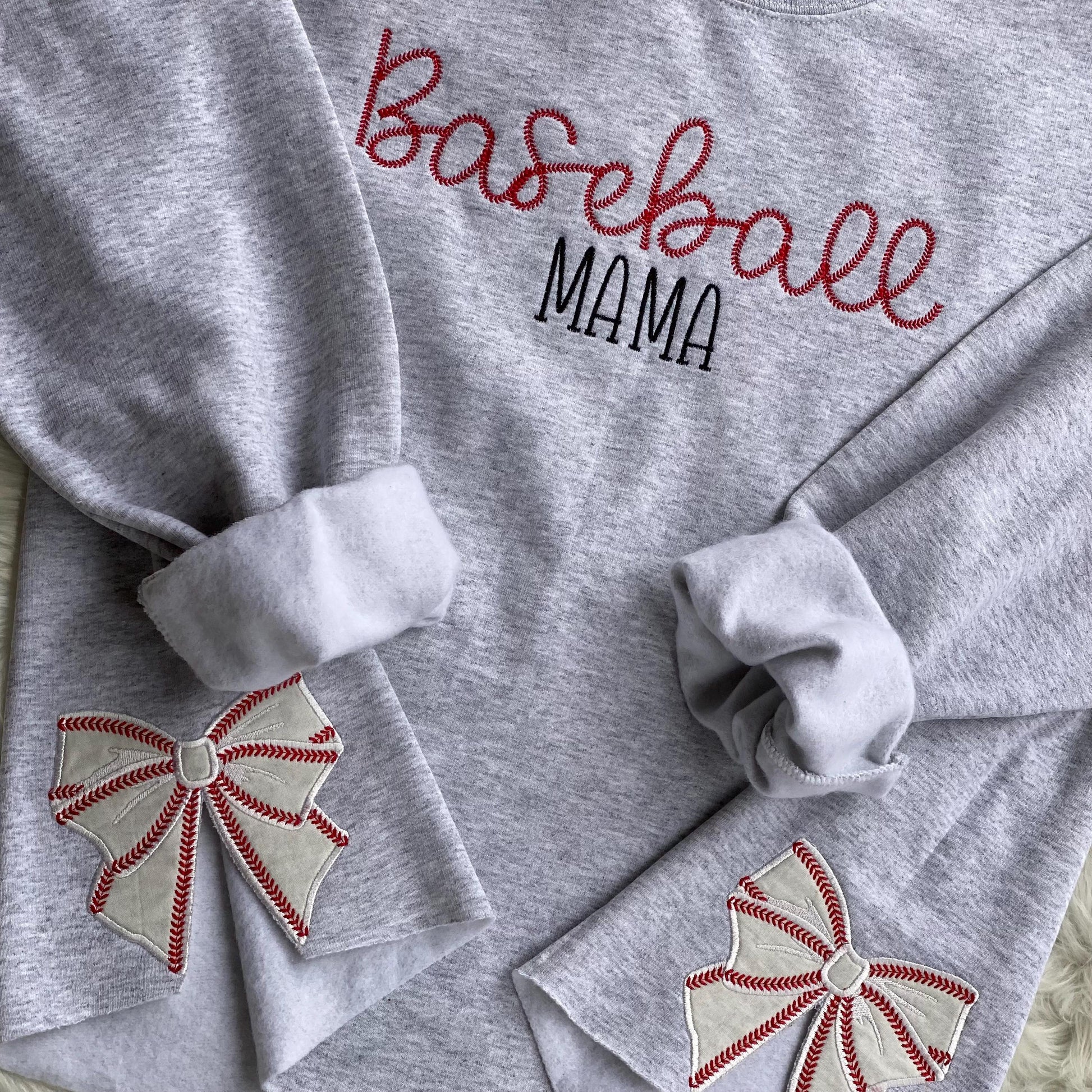 Baseball Softball Mama Embroidered Sweatshirt with Coquette Baseball Softball Bows