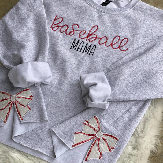 Baseball Softball Mama Embroidered Sweatshirt with Coquette Baseball Softball Bows