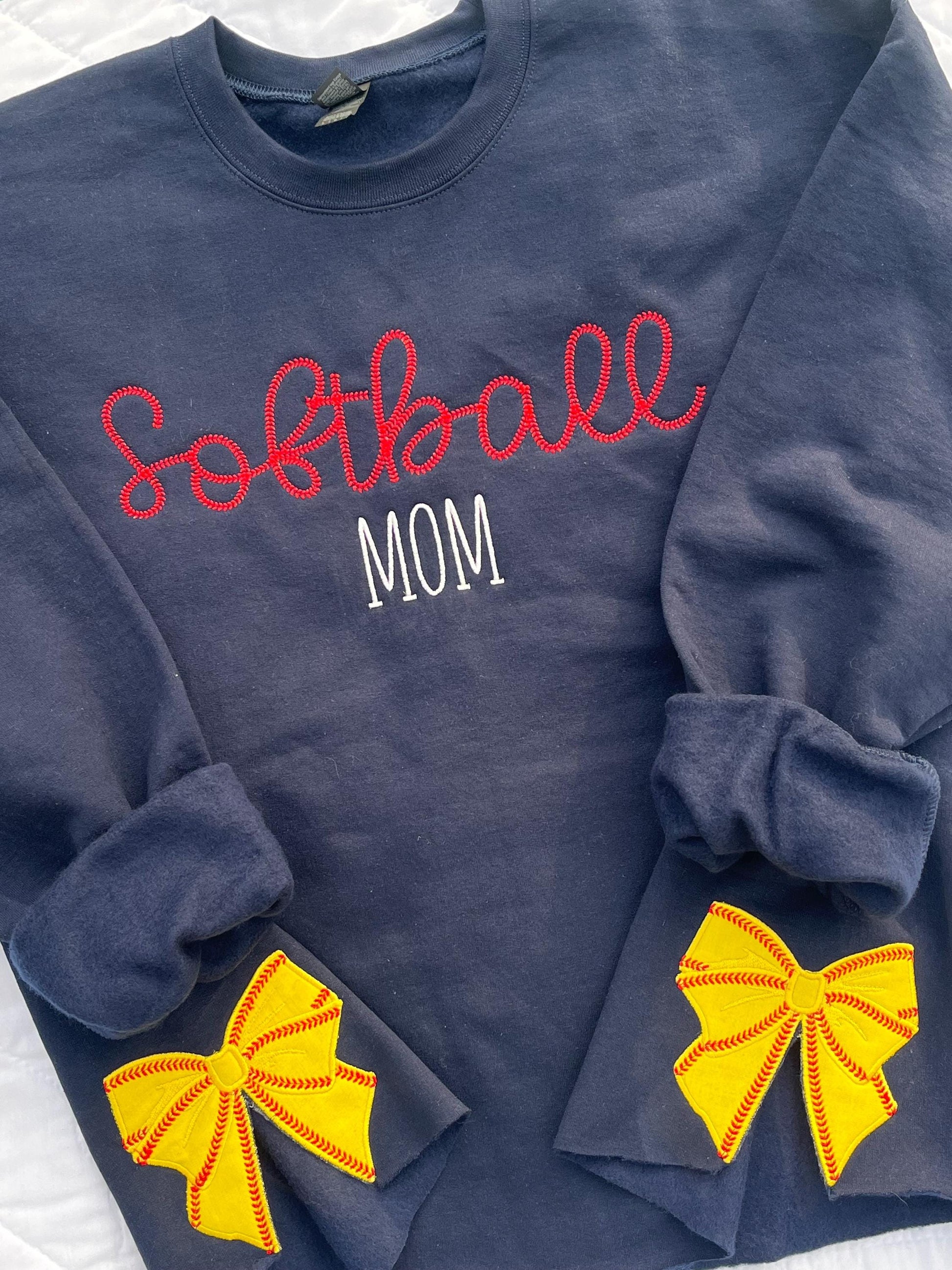 Baseball Softball Mama Embroidered Sweatshirt with Coquette Baseball Softball Bows