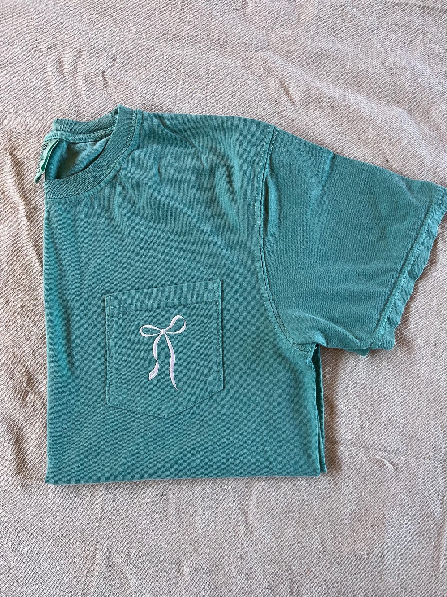 Trendy Bow Embroidered Comfort Colors Pocket Tee