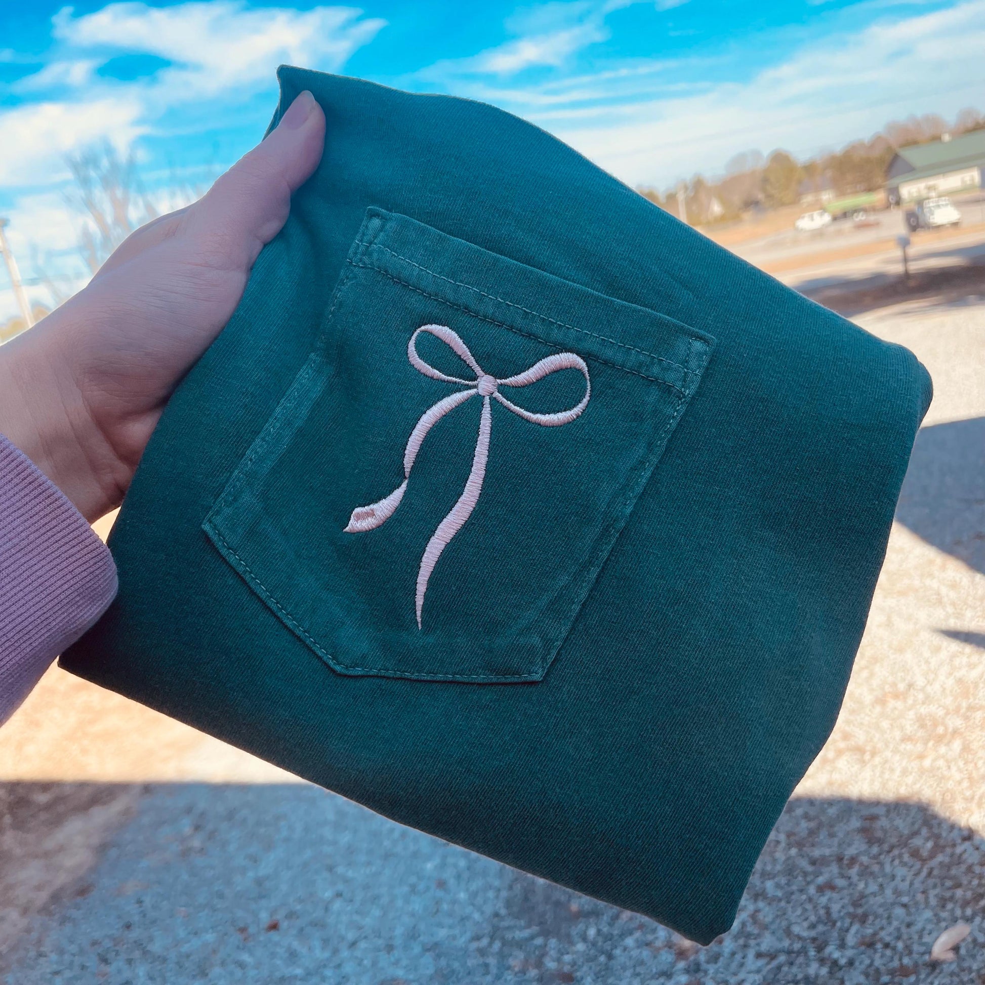 Trendy Bow Embroidered Comfort Colors Pocket Tee 