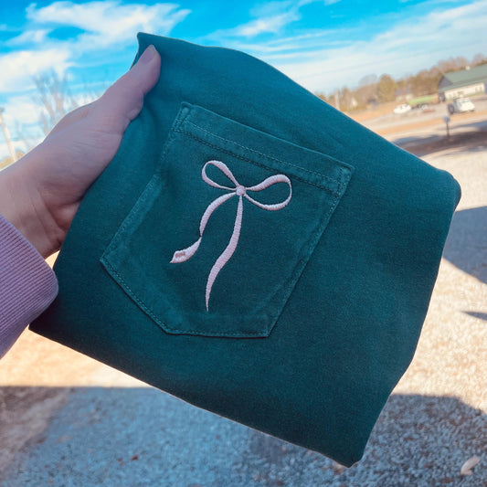 Trendy Bow Embroidered Comfort Colors Pocket Tee 